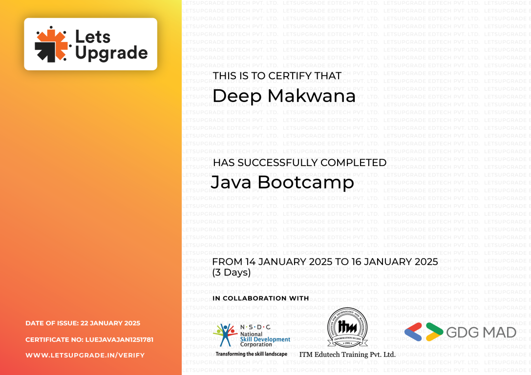 Java bootcamp certificate preview